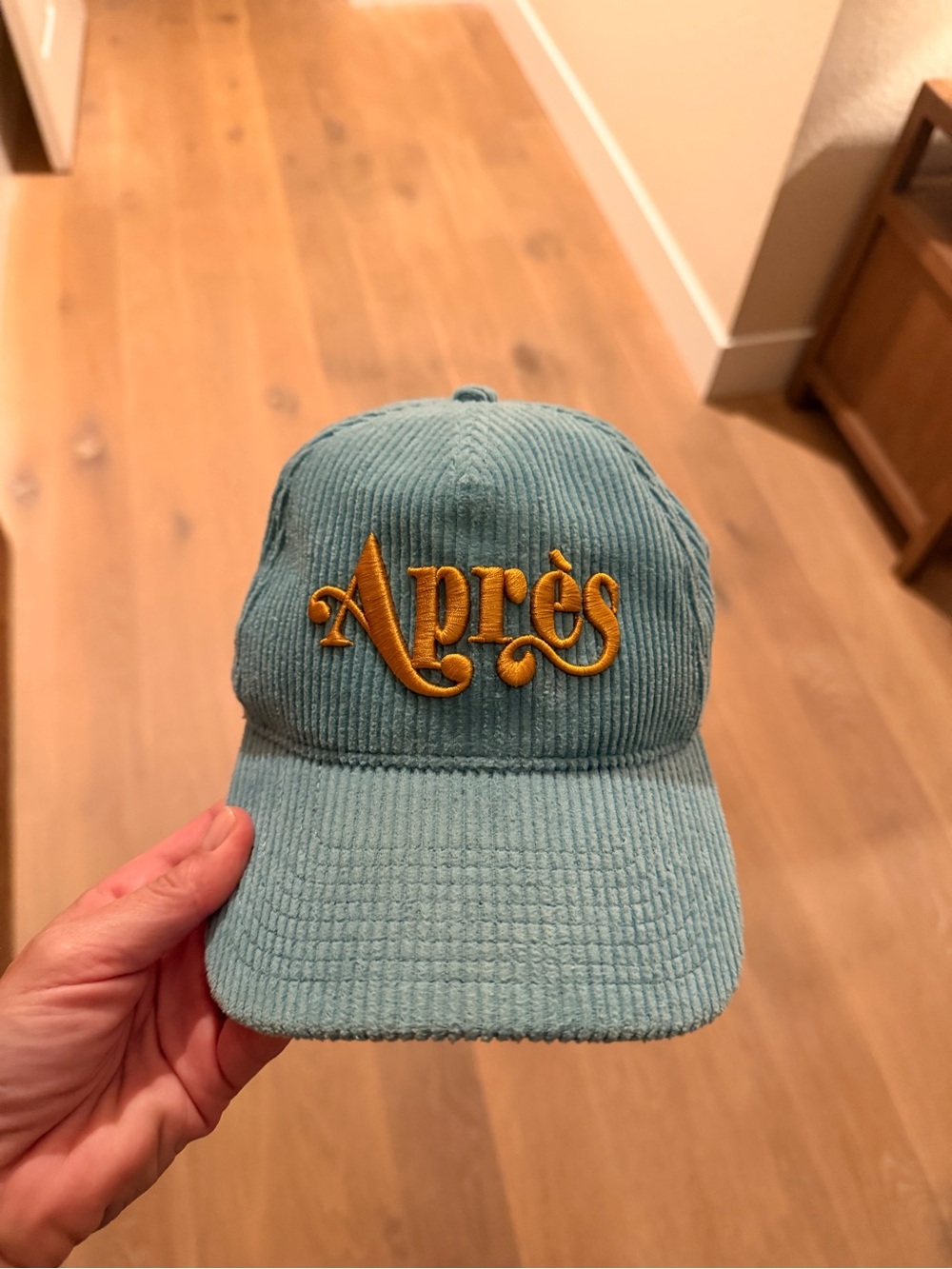 Apres Corduroy Cap in Teal with Gold Script